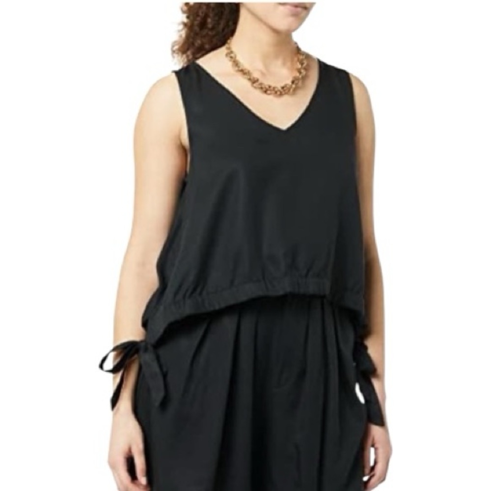 Terea by Andrea Pitter Black V-Neck Lyocell Top XL Asymmetric Hem Tie